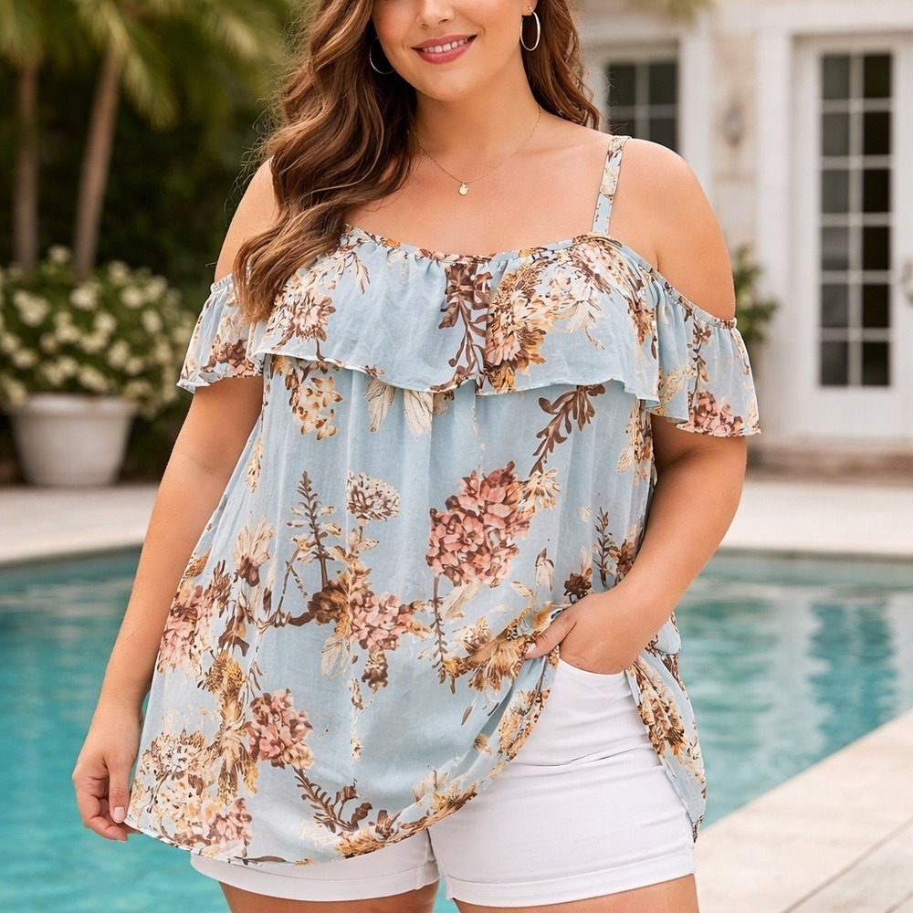 Boutique Women's 3X Blue Floral Long Sleeve Tunic Casual‎